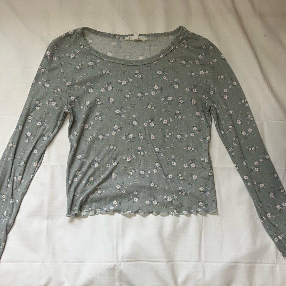 Pink Rose Green Long Sleeve Crop Blouse